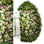 Ритуальный венок из живых цветов с сиреневыми и зелеными орхидеями №31