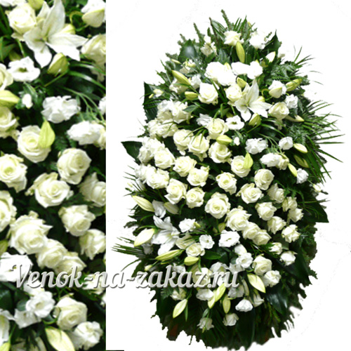 Похоронный венок с белыми розами, лилией и эустомой №25 - Каталог