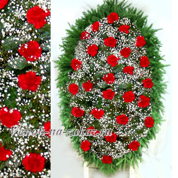 Венок из живых цветов с гвоздикой и гипсофилой №83 от 7500 Рублей