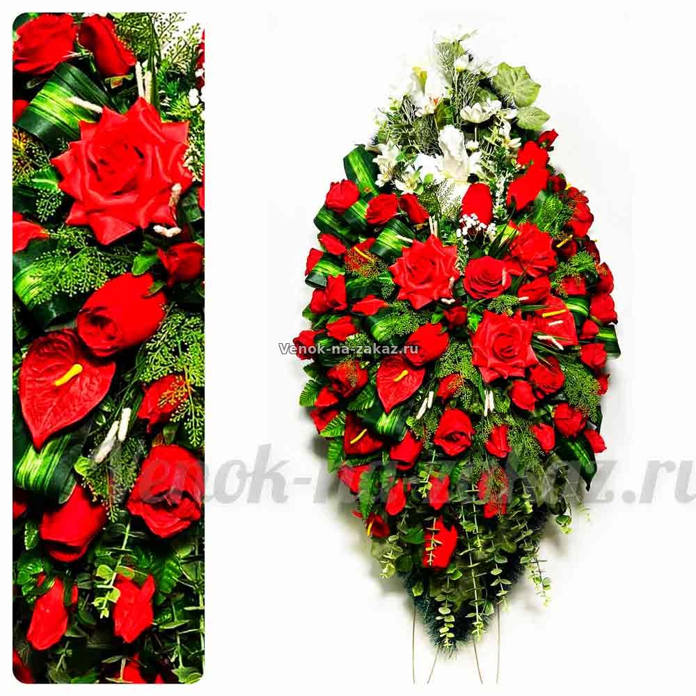 Венок на похороны "Авторский-22" с красными розами и орхидеями