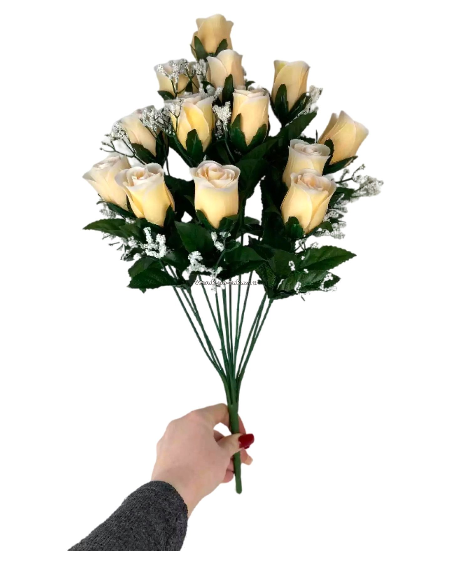 Букет бутонов роз с белой кашкой 14 голов (синие) - Искусственные цветы в розницу