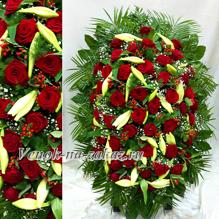 Венок из живых цветов №57 на зелени 120 см. Купить венок из живых цветов