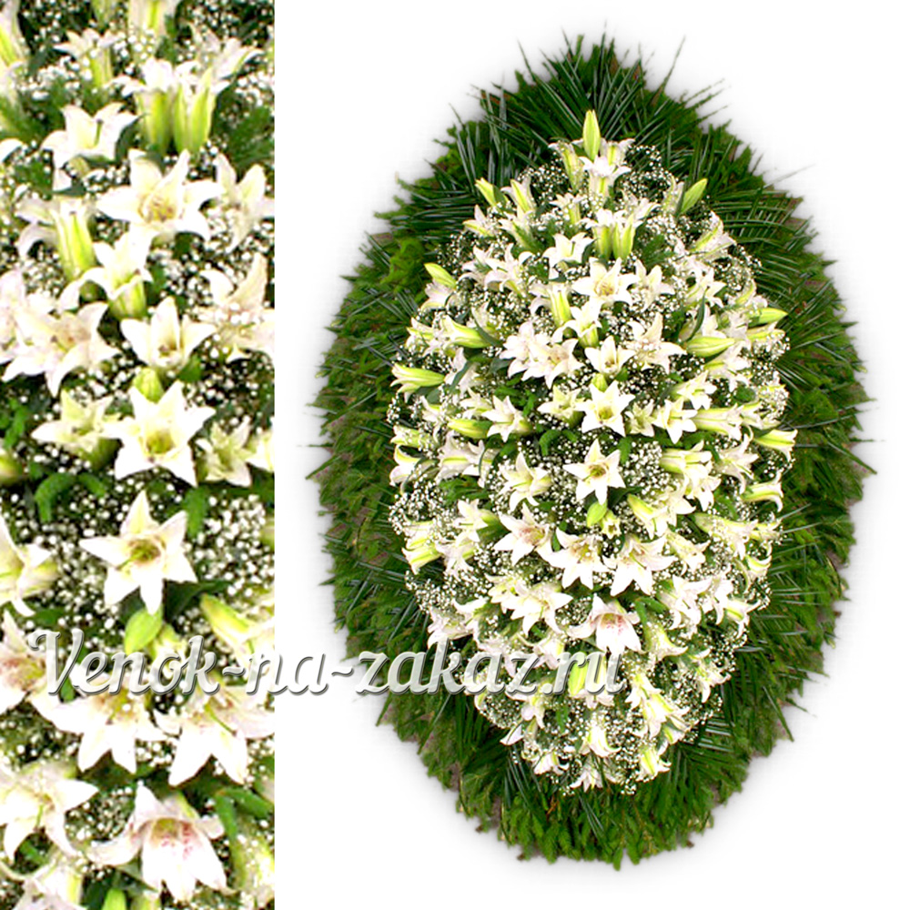 Траурные венки из живых цветов - Венок из белых лилия и гипсофилы №77