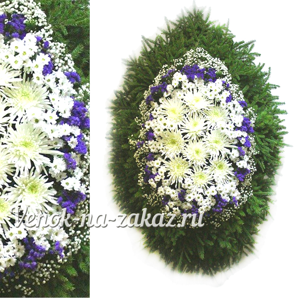 Венки из живых цветов. Траурный венок из белой хризантемы и синей статицы №70