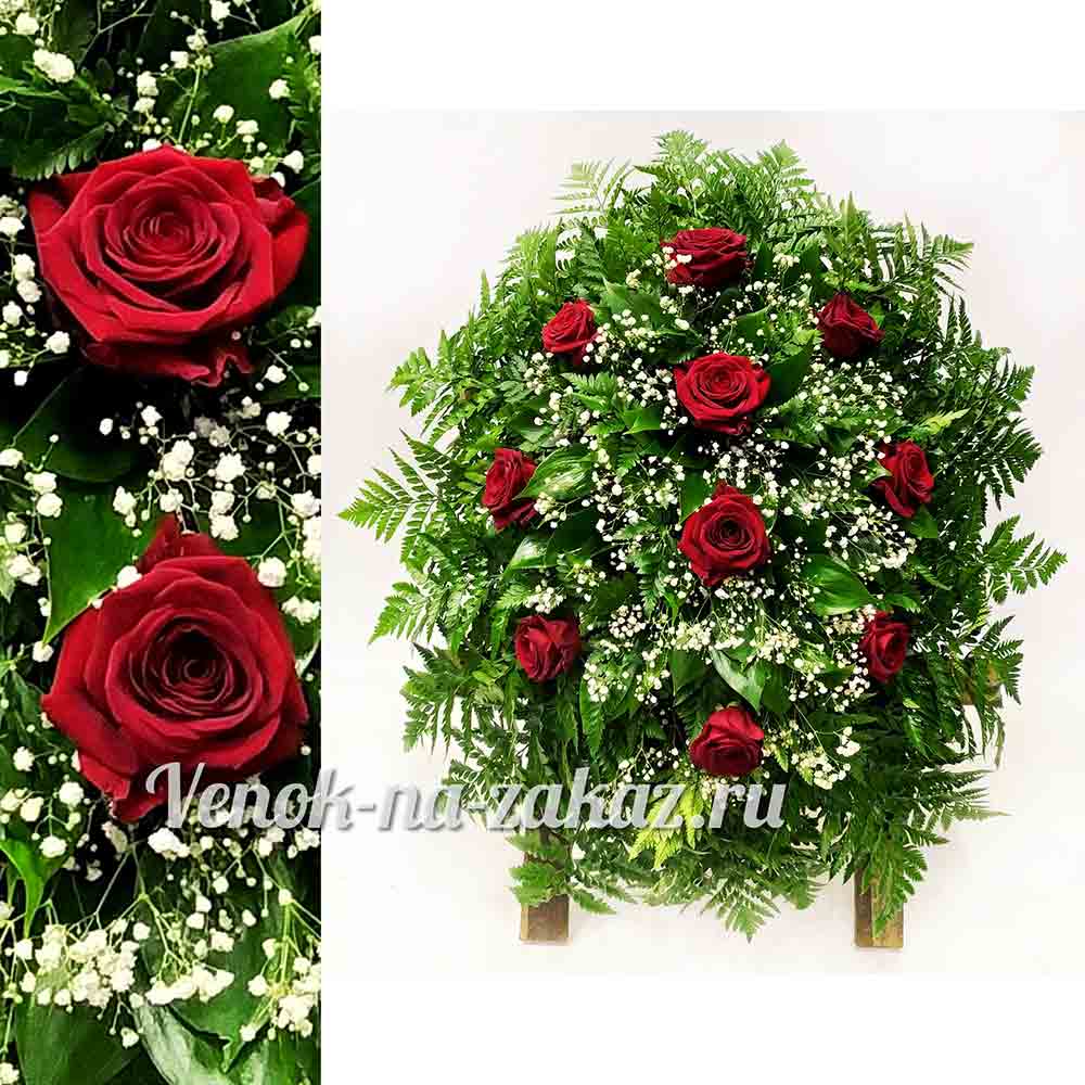 Венок из живых цветов недорого с розами купить от Venok-na-zakaz.ru